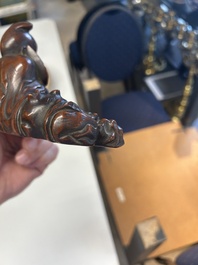 Deux sculptures en bois figurant Guanyin et Tudigong, Chine, Qing