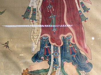 Chinese school: 'Three Buddhist goddesses', ink and colour on silk, 18th C.