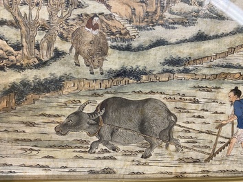 Chinese school: Three rice production scenes, ink and colour on silk, 19th C.