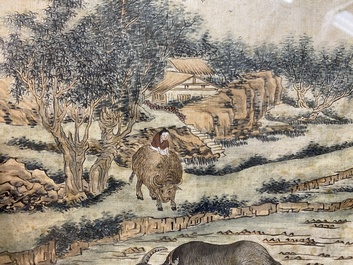 Chinese school: Three rice production scenes, ink and colour on silk, 19th C.