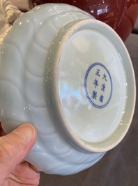A Chinese sang-de-boeuf-glazed jar, a blanc de Chine Buddha and two plates, 19th C.