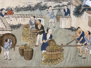 Chinese school: Three rice production scenes, ink and colour on silk, 19th C.