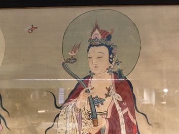 Chinese school: 'Three Buddhist goddesses', ink and colour on silk, 18th C.