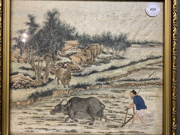 Chinese school: Three rice production scenes, ink and colour on silk, 19th C.