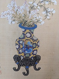 Wang Chengxun 王承勳 (19/20th C.): 'Birds and flower vases', ink and colour on silk, Republic