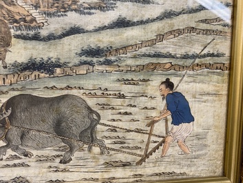 Chinese school: Three rice production scenes, ink and colour on silk, 19th C.