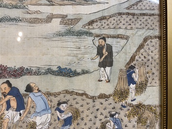Chinese school: Three rice production scenes, ink and colour on silk, 19th C.