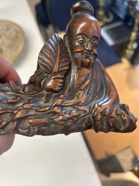 Deux sculptures en bois figurant Guanyin et Tudigong, Chine, Qing