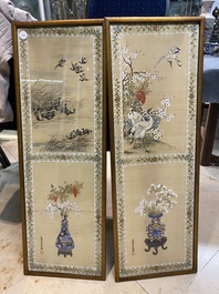 Wang Chengxun 王承勳 (19/20th C.): 'Birds and flower vases', ink and colour on silk, Republic