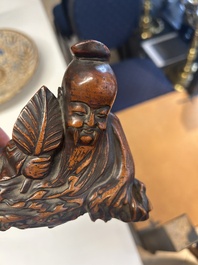 Deux sculptures en bois figurant Guanyin et Tudigong, Chine, Qing