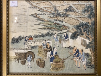 Chinese school: Three rice production scenes, ink and colour on silk, 19th C.