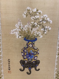 Wang Chengxun 王承勳 (19/20th C.): 'Birds and flower vases', ink and colour on silk, Republic
