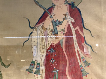 Chinese school: 'Three Buddhist goddesses', ink and colour on silk, 18th C.