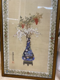 Wang Chengxun 王承勳 (19/20th C.): 'Birds and flower vases', ink and colour on silk, Republic