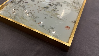 A Chinese qianjiang cai 'mountainous landscape' plaque, 19th C.