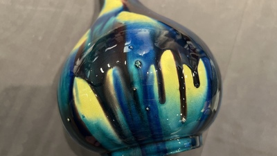 Two Japanese flamb&eacute;-glazed Awaji bottle vases and a Chinese robin's egg-glazed vase, 19/20th C.