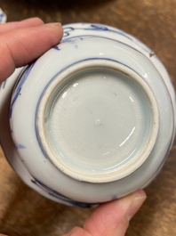 A Chinese blue and white plate, a klapmuts bowl and a trick cup, Wanli/Yongzheng