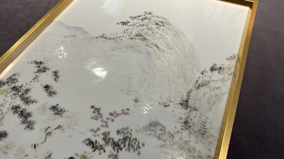A Chinese qianjiang cai 'mountainous landscape' plaque, 19th C.