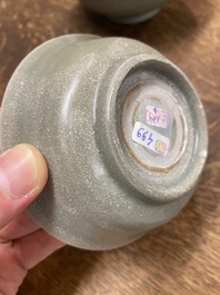 A Chinese celadon-glazed bottle vase and two bowls, Yuan/Ming
