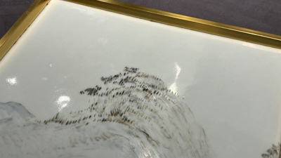 A Chinese qianjiang cai 'mountainous landscape' plaque, 19th C.