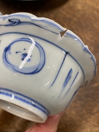 A Chinese blue and white plate, a klapmuts bowl and a trick cup, Wanli/Yongzheng