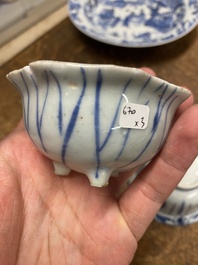 A Chinese blue and white plate, a klapmuts bowl and a trick cup, Wanli/Yongzheng