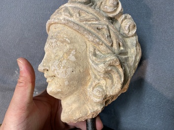 Acht diverse gesculpteerde stenen hoofden, o.a. Gandhara, Etruskisch, Japans en Chinees