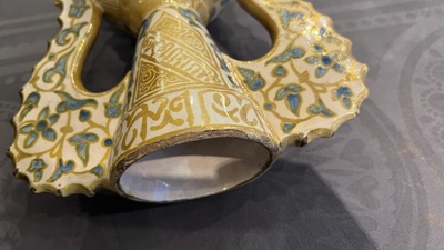 Deux vases hispano-mauresques &agrave; &eacute;mail lustr&eacute; de type 'Alhambra' et un vase en bois incrust&eacute; de pierres, Espagne et Afrique du Nord, 19/20&egrave;me