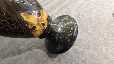Deux vases hispano-mauresques &agrave; &eacute;mail lustr&eacute; de type 'Alhambra' et un vase en bois incrust&eacute; de pierres, Espagne et Afrique du Nord, 19/20&egrave;me