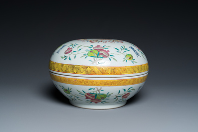 A round Chinese famille rose 'bats, sanduo and Shou' box and cover, Guangxu mark and of the period