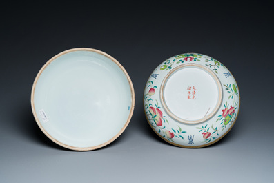 A round Chinese famille rose 'bats, sanduo and Shou' box and cover, Guangxu mark and of the period