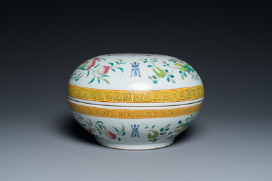 A round Chinese famille rose 'bats, sanduo and Shou' box and cover, Guangxu mark and of the period