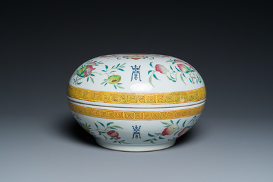 A round Chinese famille rose 'bats, sanduo and Shou' box and cover, Guangxu mark and of the period