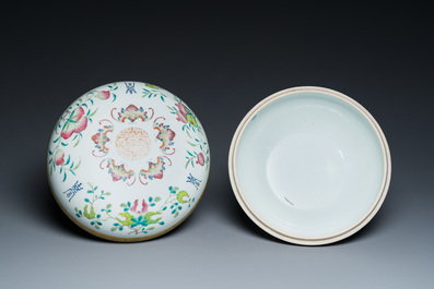 A round Chinese famille rose 'bats, sanduo and Shou' box and cover, Guangxu mark and of the period