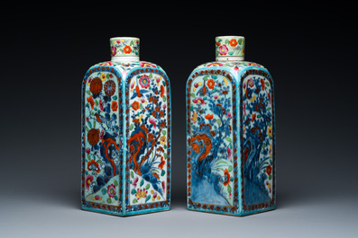 A pair of Chinese blue and white square flasks with European overdecoration, Kangxi