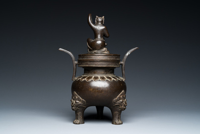 A Chinese bronze tripod censer with Liu Hai and the toad, Yuan