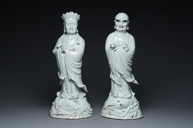 Two exceptionally tall Chinese white-glazed sculptures of Luohan, Qianlong/Jiaqing