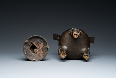 A Chinese bronze tripod censer with Liu Hai and the toad, Yuan