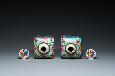 A pair of Chinese blue and white square flasks with European overdecoration, Kangxi
