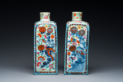 A pair of Chinese blue and white square flasks with European overdecoration, Kangxi