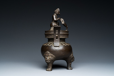A Chinese bronze tripod censer with Liu Hai and the toad, Yuan