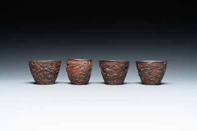 Four Chinese silver-lined coconut cups, Wang Hengxin 王恒馨 mark, 19/20th C.