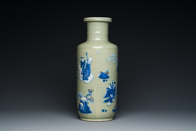 A Chinese celadon-ground blue, white and copper-red rouleau vase, Kangxi