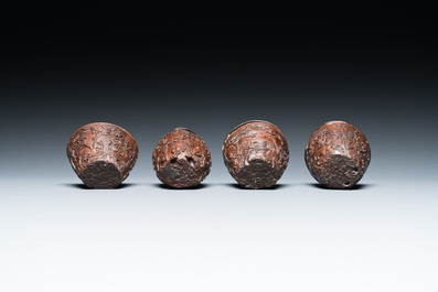 Four Chinese silver-lined coconut cups, Wang Hengxin 王恒馨 mark, 19/20th C.