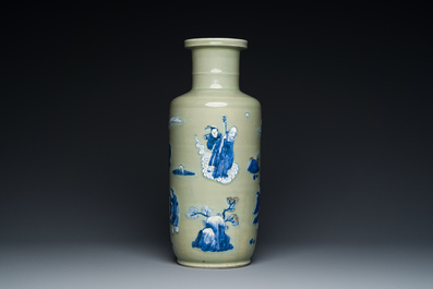 A Chinese celadon-ground blue, white and copper-red rouleau vase, Kangxi