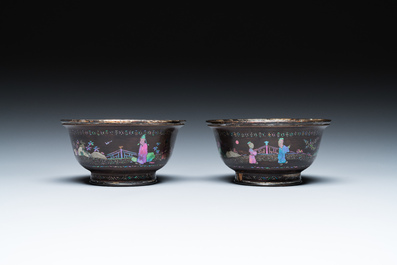 Two Chinese lac-burgaut&eacute; bowls with silvered interiors, Kangxi