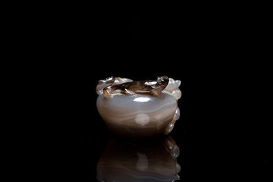 Pot &agrave; eau en agate aux lions bouddhistes sur socle en bois sculpt&eacute;, Chine, 19&egrave;me
