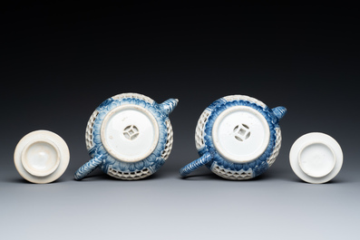 A pair of Chinese reticulated and double-walled blue and white teapots, Transitional period