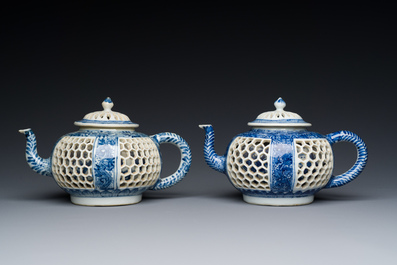 A pair of Chinese reticulated and double-walled blue and white teapots, Transitional period