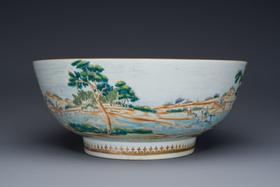 A large Chinese famille rose 'fox hunt' bowl, Qianlong